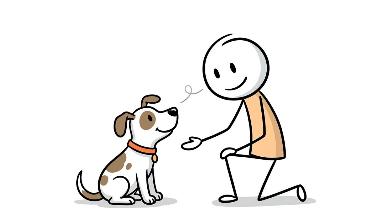 A person kneeling and reaching out to a playful dog, promoting bonding and communication between humans and their dogs.