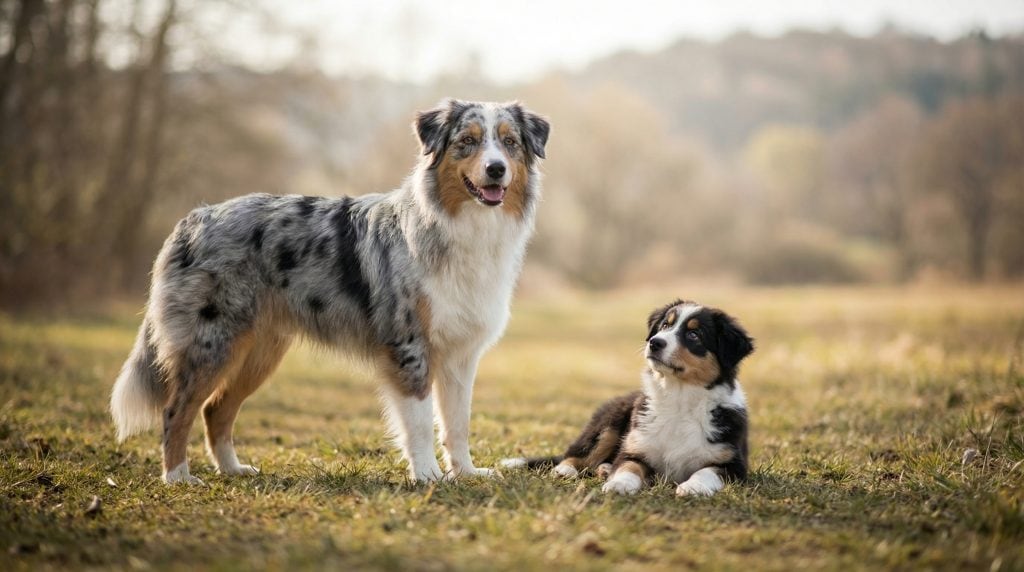 Blue merle Australian Shepherd standing in a grassy field beside an Australian Shepherd puppy looking up toward the adult dog.