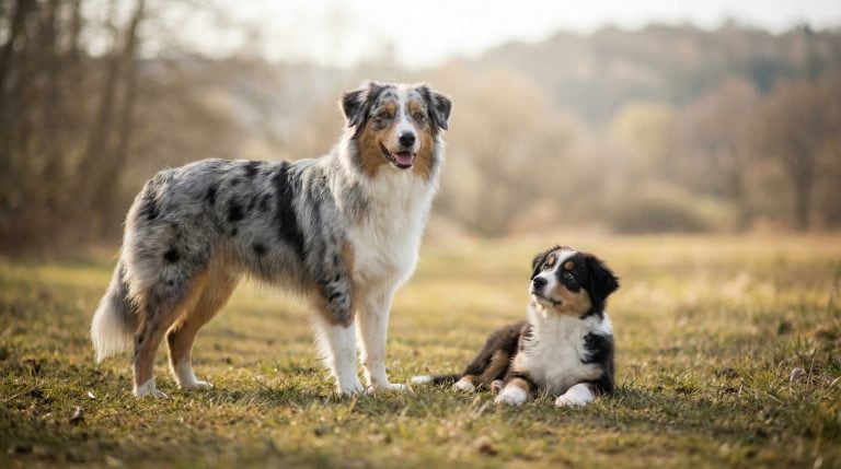 Blue merle Australian Shepherd standing in a grassy field beside an Australian Shepherd puppy looking up toward the adult dog.