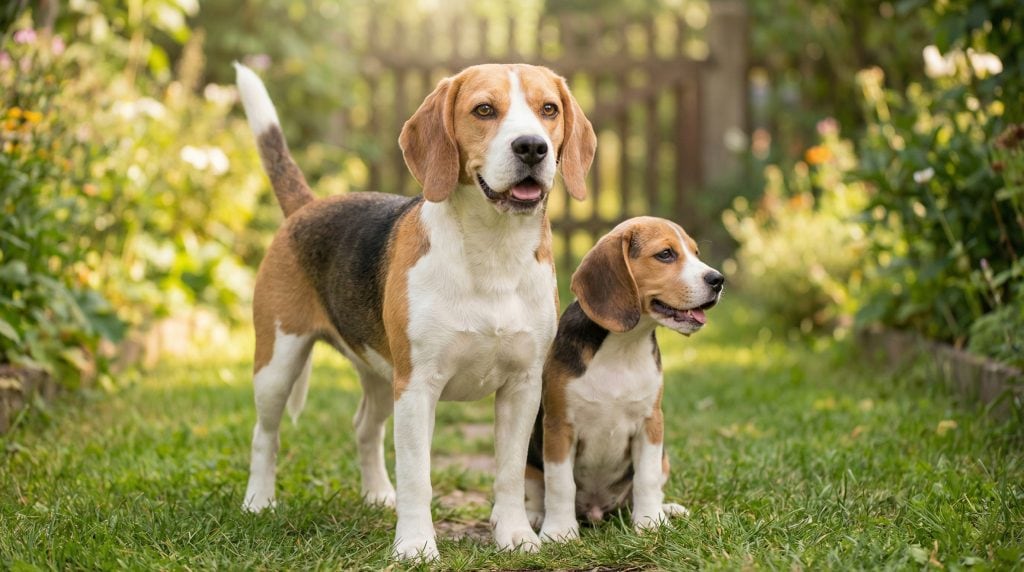 Adult Beagle standing in a garden beside a Beagle puppy sitting on grass with flowers and a wooden gate behind them.
