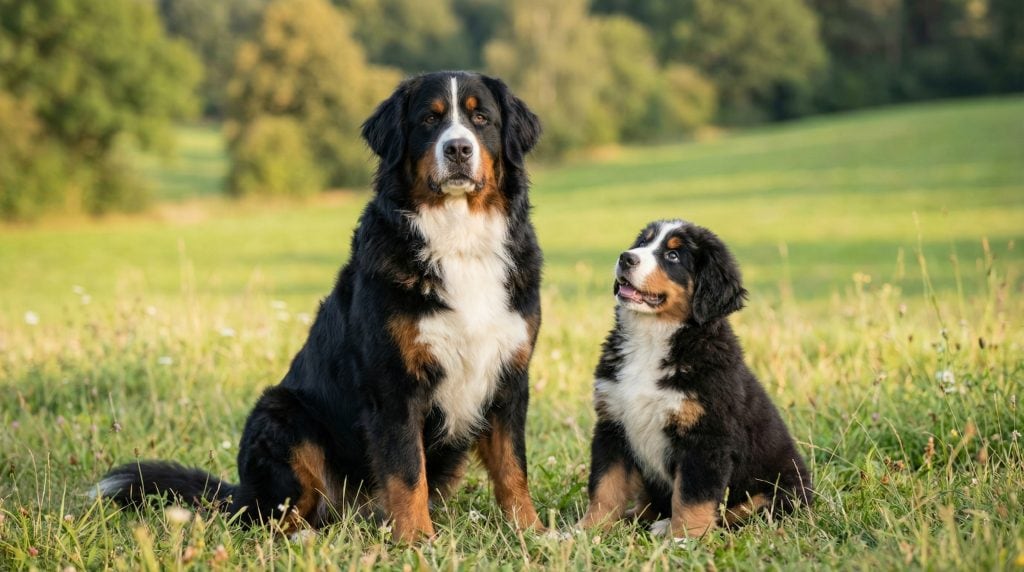 Large Bernese Mountain Dog sitting in a green meadow beside a Bernese Mountain Dog puppy looking up toward the adult.