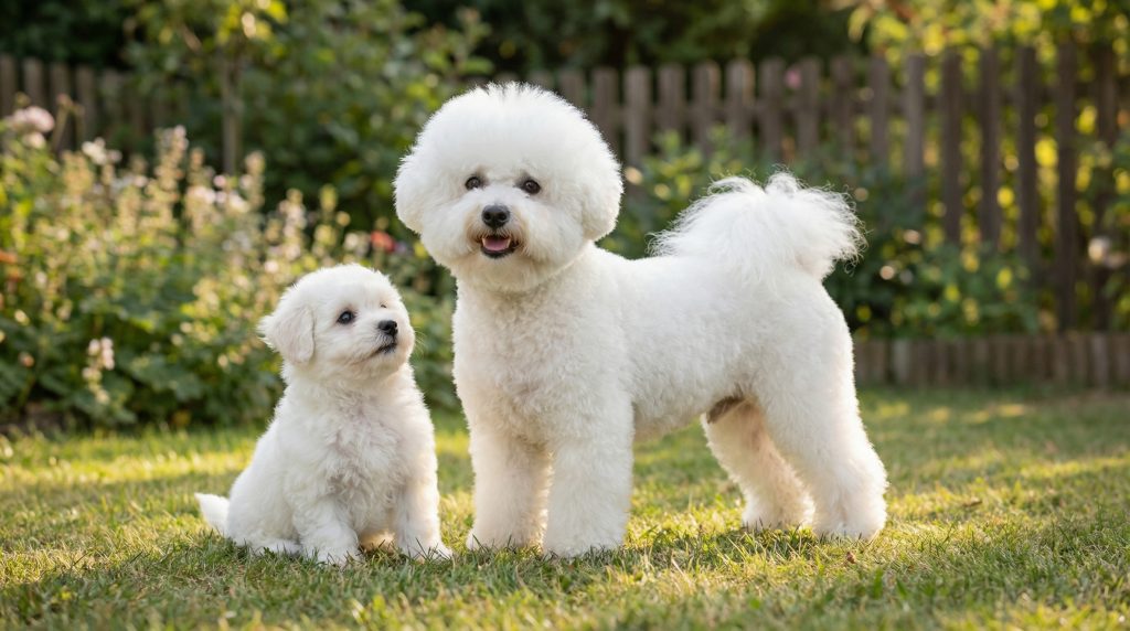Adult Bichon Frise standing on grass beside a fluffy Bichon Frise puppy in a sunny garden with a blurred fence and greenery in the background.