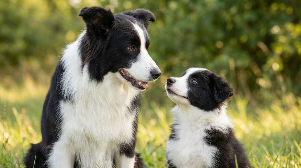 Black and white Border Collie sitting on grass beside a Border Collie puppy looking up toward the adult dog in a natural field setting.