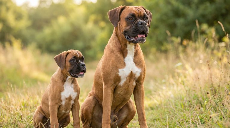 Adult Boxer dog sitting in tall grass beside a Boxer puppy in a warm countryside meadow during golden sunlight.