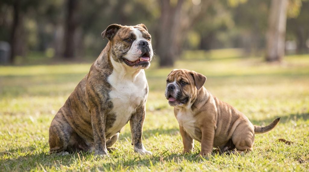 Brindle and white English Bulldog sitting on grass beside a wrinkled Bulldog puppy in a sunny park setting.