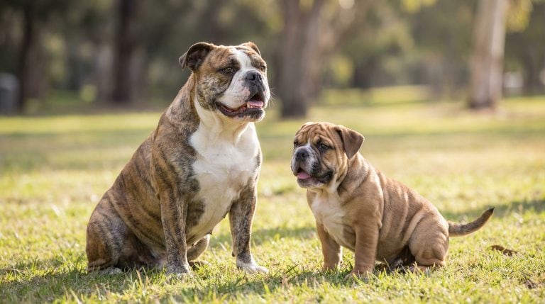Brindle and white English Bulldog sitting on grass beside a wrinkled Bulldog puppy in a sunny park setting.