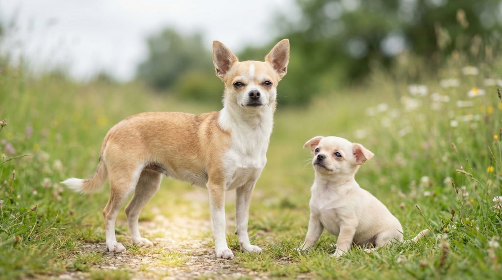 Small tan Chihuahua standing on a country path beside a Chihuahua puppy sitting in grass with wildflowers.