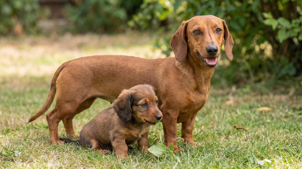 Adult Dachshund standing on grass beside a small Dachshund puppy in a sunny garden with soft greenery in the background.