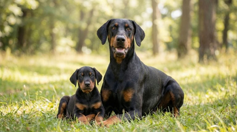 A Doberman Pinscher and a puppy sitting together on a grassy field surrounded by trees, showcasing their alertness and bond in a peaceful outdoor setting.