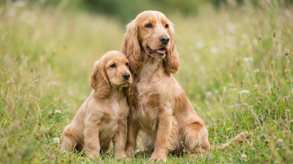 Golden English Cocker Spaniel sitting in a grassy meadow beside a Cocker Spaniel puppy with long silky ears.
