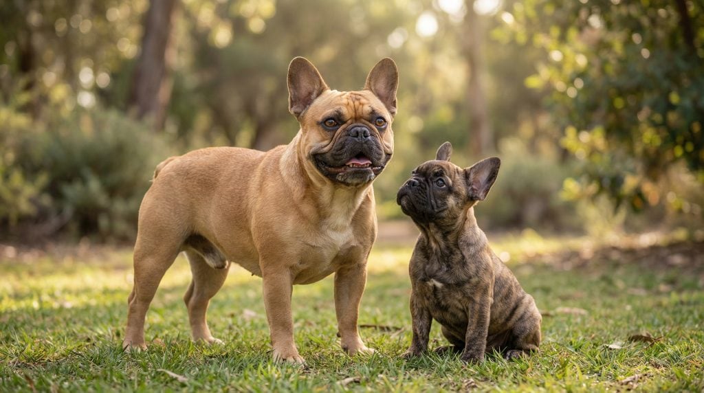 Adult French Bulldog standing on grass beside a brindle French Bulldog puppy in a wooded park with soft sunlight.