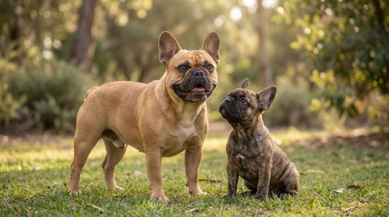 Adult French Bulldog standing on grass beside a brindle French Bulldog puppy in a wooded park with soft sunlight.