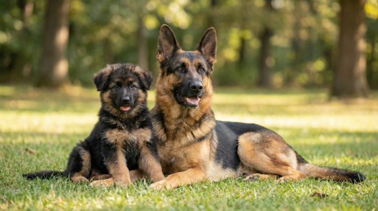 Adult German Shepherd lying on grass beside a German Shepherd puppy in a wooded park setting.