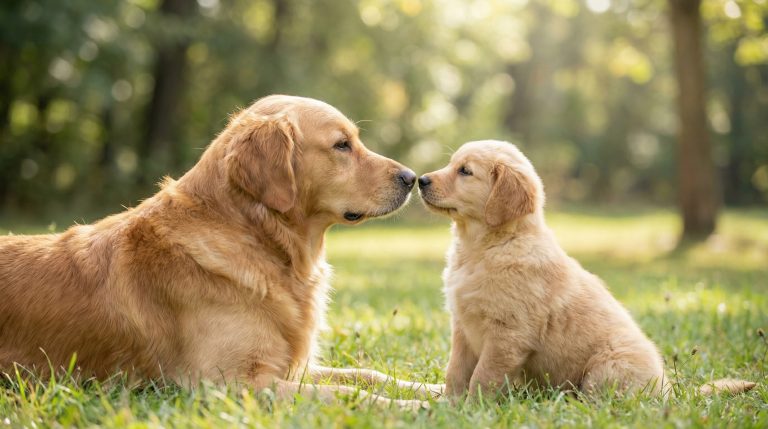 Adult Golden Retriever lying on grass touching noses with a Golden Retriever puppy in a peaceful sunlit park.