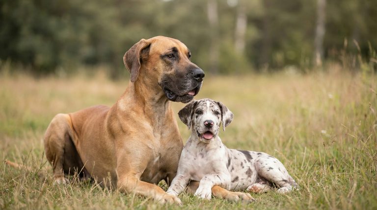 A large Great Dane and a smaller puppy relax together in a peaceful outdoor setting, showcasing their bond and gentle nature in a natural environment.