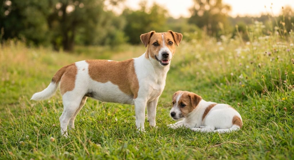 Adult Jack Russell Terrier standing in a grassy meadow beside a Jack Russell Terrier puppy lying in the grass during warm evening sunlight.