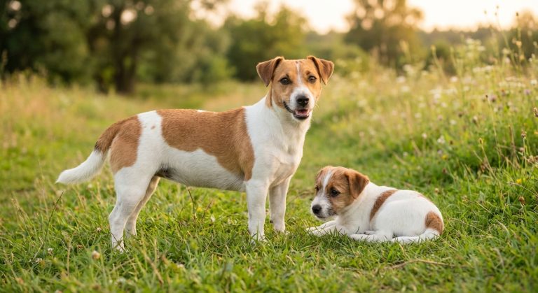Adult Jack Russell Terrier standing in a grassy meadow beside a Jack Russell Terrier puppy lying in the grass during warm evening sunlight.