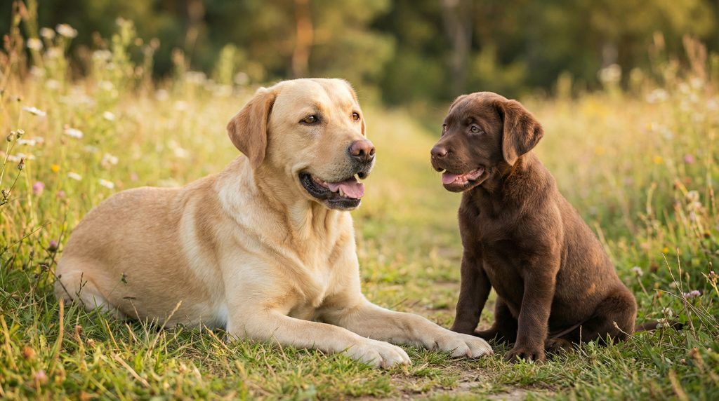 Yellow Labrador Retriever lying on a meadow path beside a chocolate Labrador puppy in a wildflower field during warm evening light.