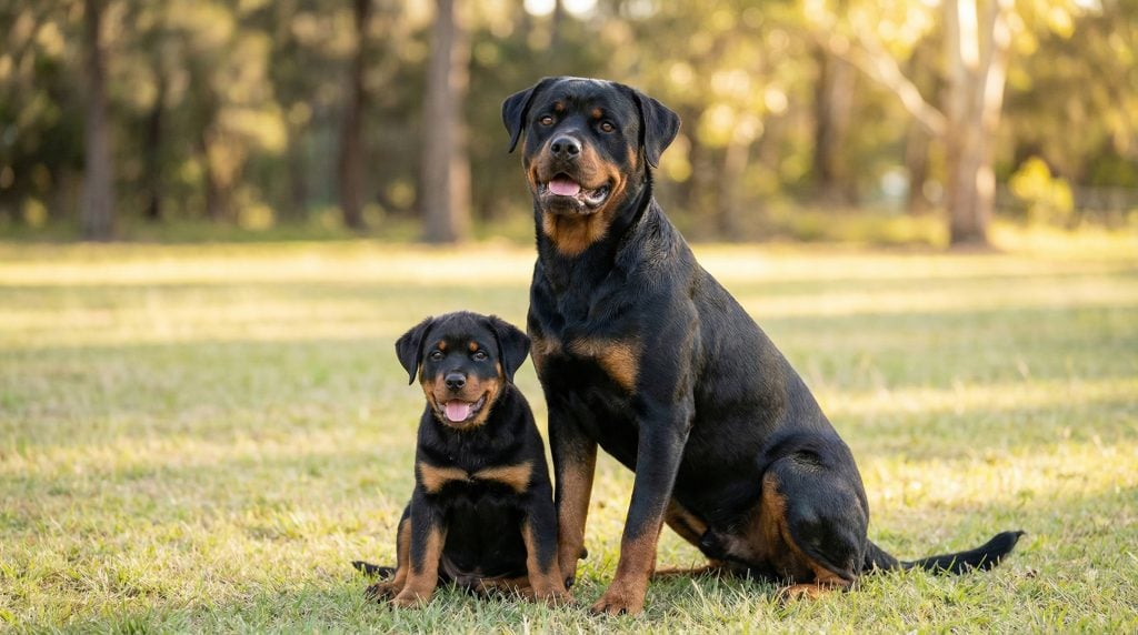 Adult Rottweiler sitting proudly on grass beside a Rottweiler puppy in a sunlit park with trees in the background.