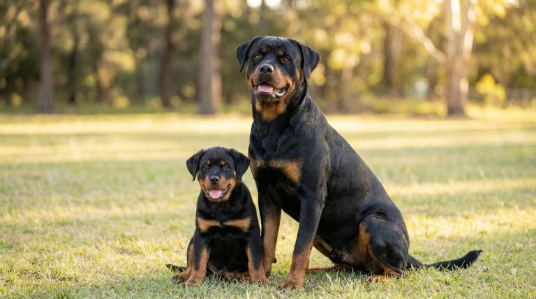 Adult Rottweiler sitting proudly on grass beside a Rottweiler puppy in a sunlit park with trees in the background.