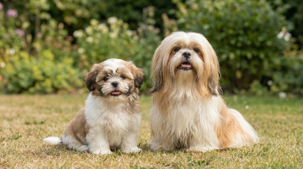 Adult Shih Tzu with long flowing coat sitting on grass beside a fluffy Shih Tzu puppy in a garden with soft greenery in the background.