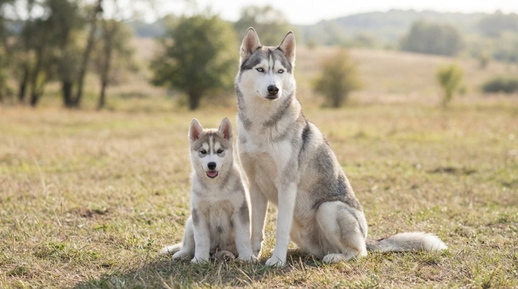 Gray and white Siberian Husky sitting in an open field beside a fluffy Husky puppy under soft natural daylight.