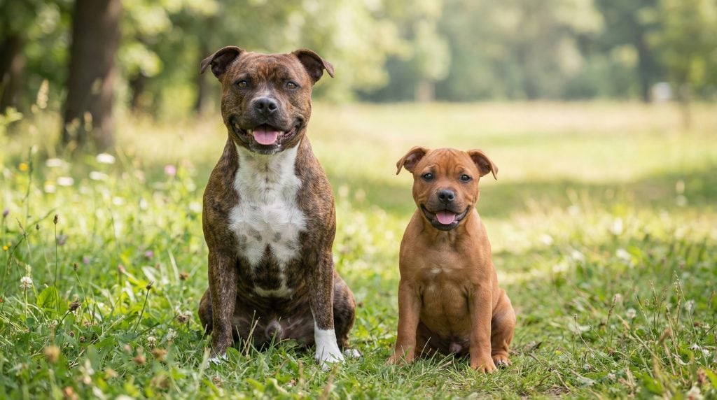 Brindle Staffordshire Bull Terrier sitting on grass beside a Staffordshire Bull Terrier puppy in a sunlit park.