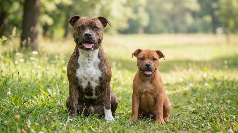 Brindle Staffordshire Bull Terrier sitting on grass beside a Staffordshire Bull Terrier puppy in a sunlit park.