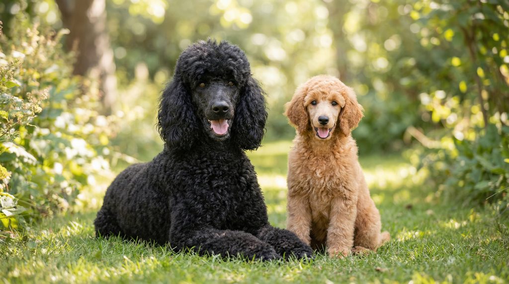 Black Standard Poodle lying on grass beside a curly-coated Standard Poodle puppy in a leafy outdoor garden.