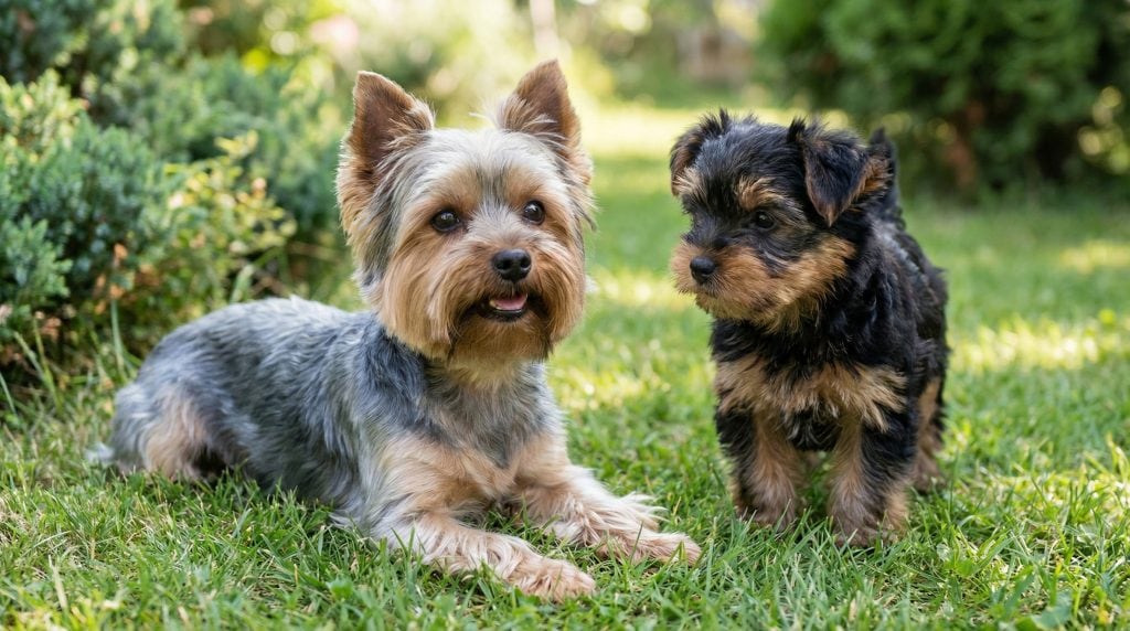 Yorkshire Terrier lying on grass beside a Yorkshire Terrier puppy in a bright backyard garden setting.