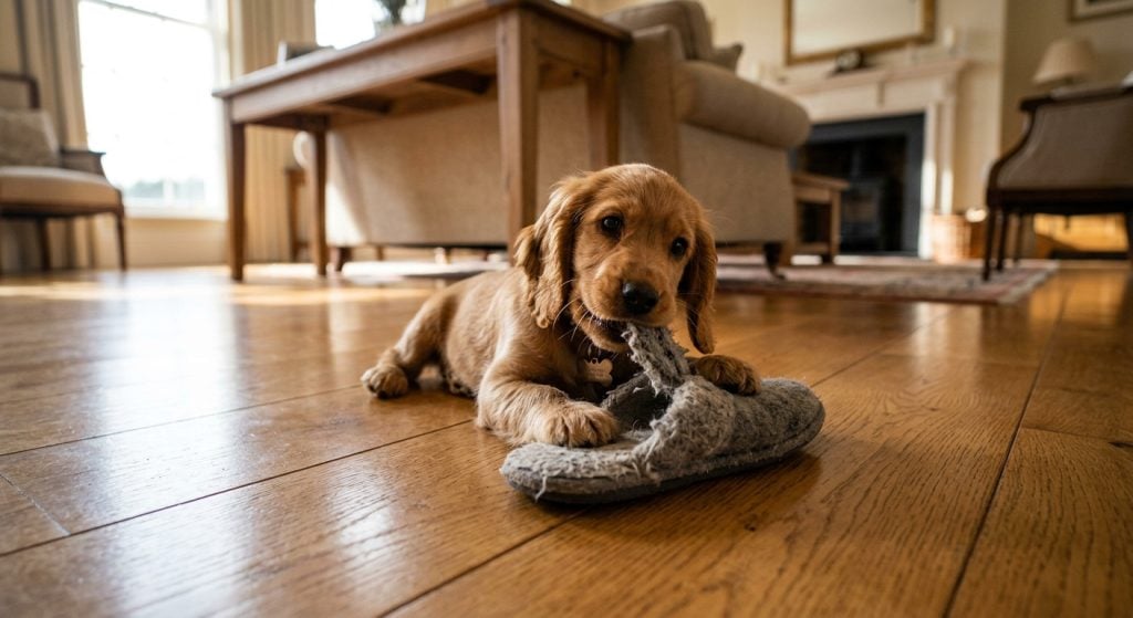 English Cocker Spaniel puppy lying on a wooden floor chewing a soft slipper in a living room, demonstrating common chewing behavior during teething.