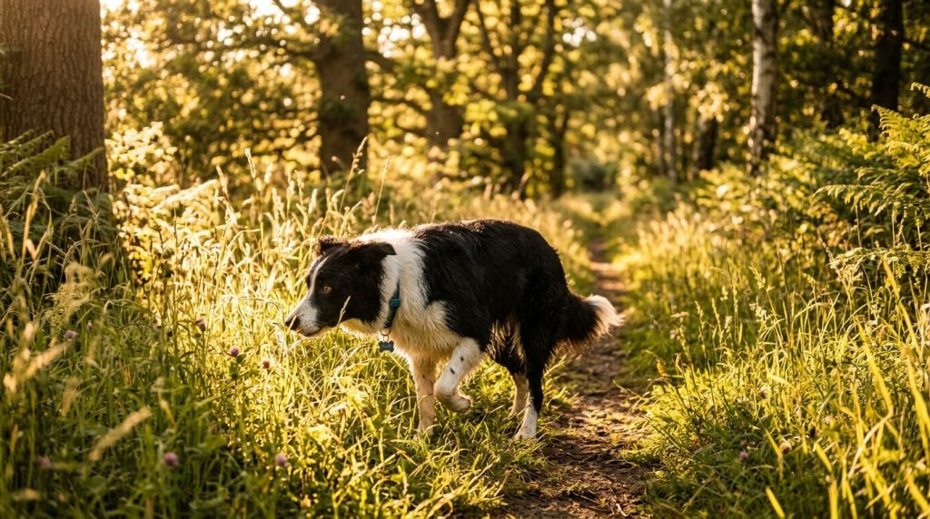 Dog walking along a woodland path through tall grass, illustrating a common environment where ticks are found.