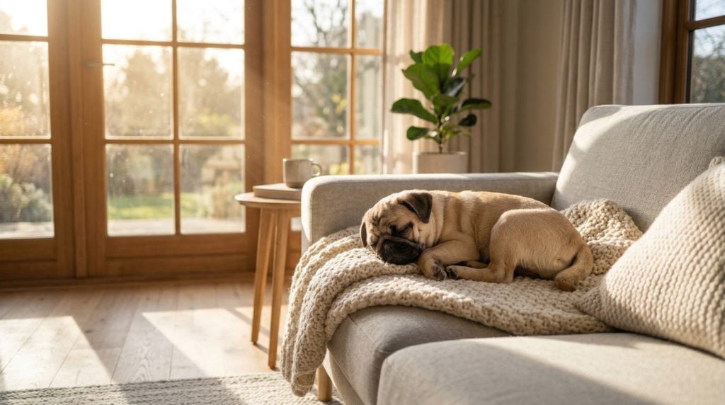 Small pug puppy peacefully sleeping on a soft blanket on a sofa in warm morning sunlight inside a calm living room.