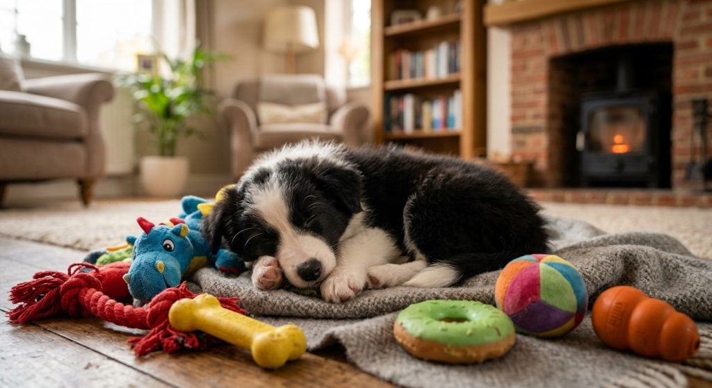 Border collie puppy sleeping peacefully on a blanket surrounded by colorful chew toys in a cozy living room.