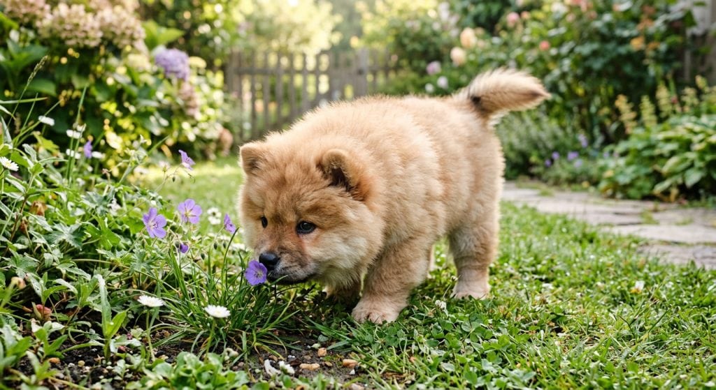 Young puppy exploring grass and plants while discovering the outdoor world.