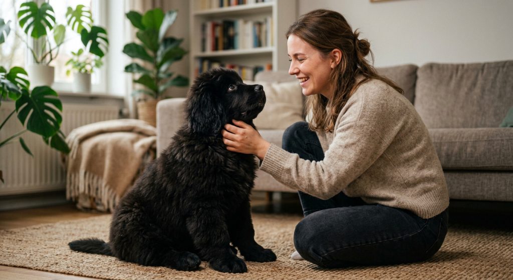 Puppy sitting beside its owner while learning and bonding during early life.