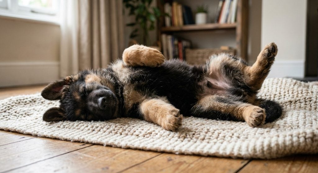 Young puppy sleeping deeply in an unusual position during normal development.
