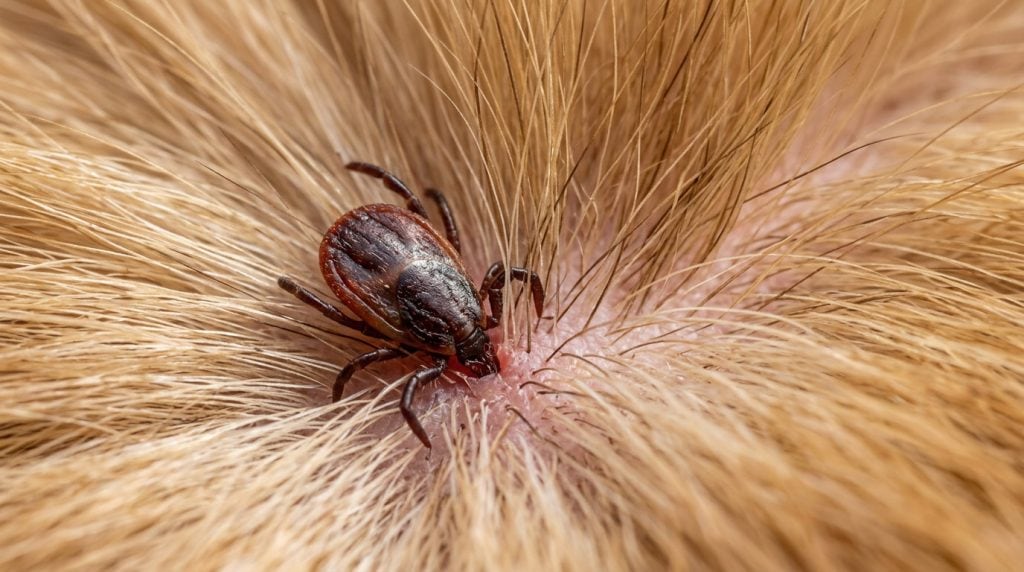 ticks in dogs- tick-embedded-in-dog-fur-close-up