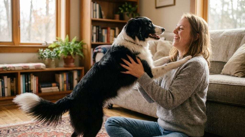 Adult border collie standing on its hind legs with front paws on its owner's shoulders during an excited greeting in a living room.