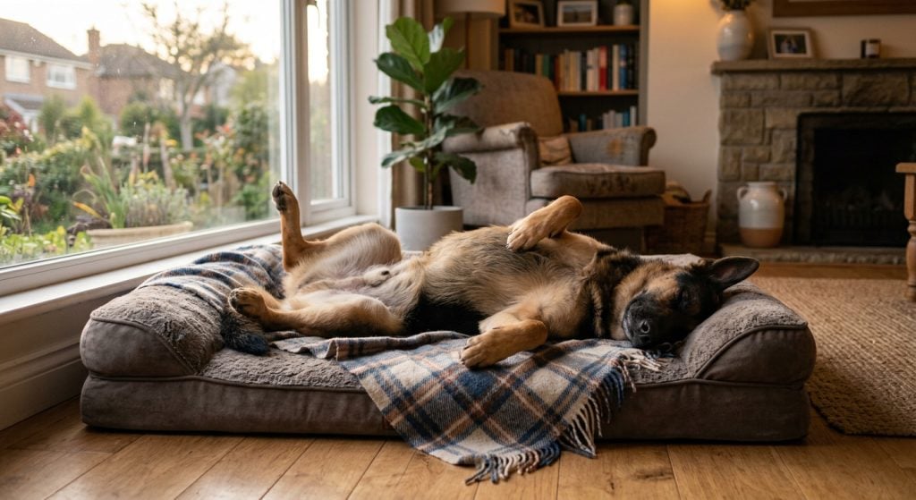 Adult German Shepherd lying on its back asleep on a dog bed in a cozy living room with natural light.