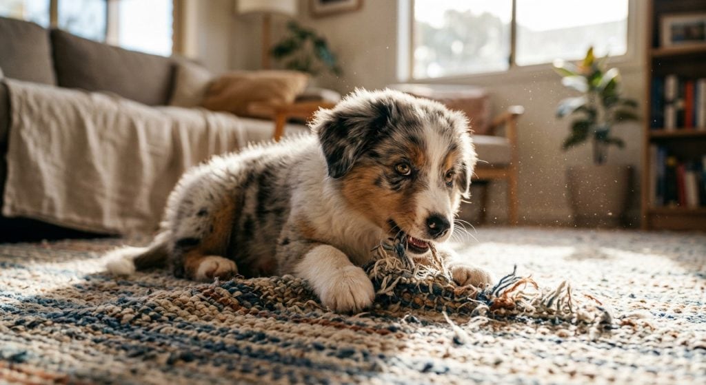 Australian Shepherd puppy lying on a living room rug chewing the frayed corner during the teething stage, with sunlight streaming through a cozy home interior.