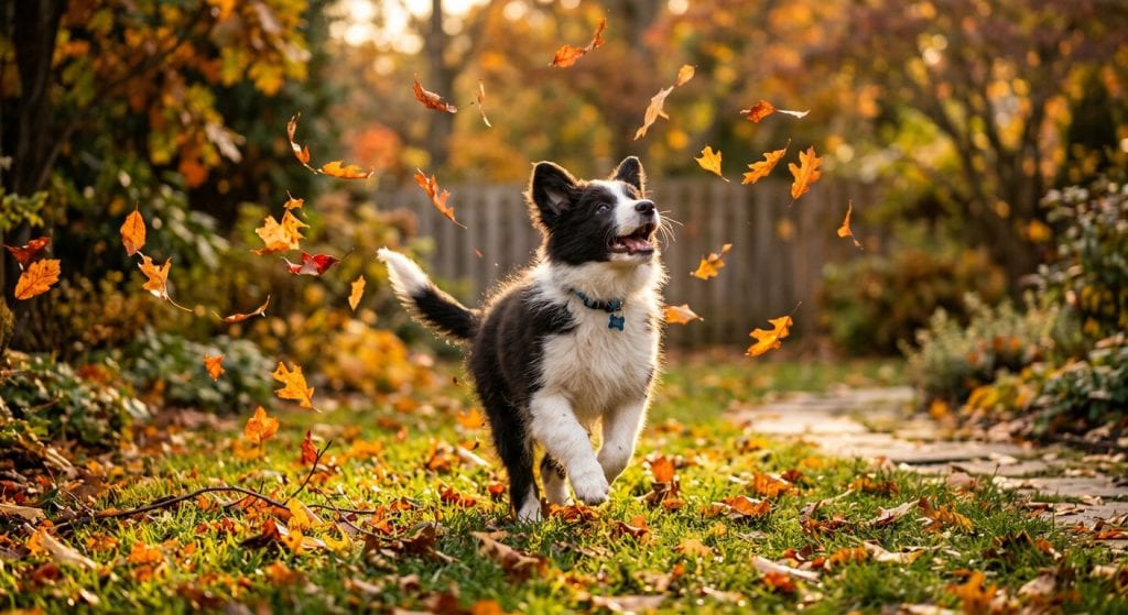 Border collie puppy running through a garden chasing falling autumn leaves during playful outdoor exercise.