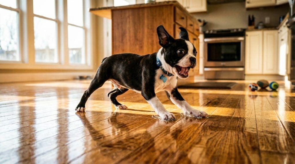 Boston Terrier puppy sliding excitedly across a shiny kitchen floor during a burst of zoomies.