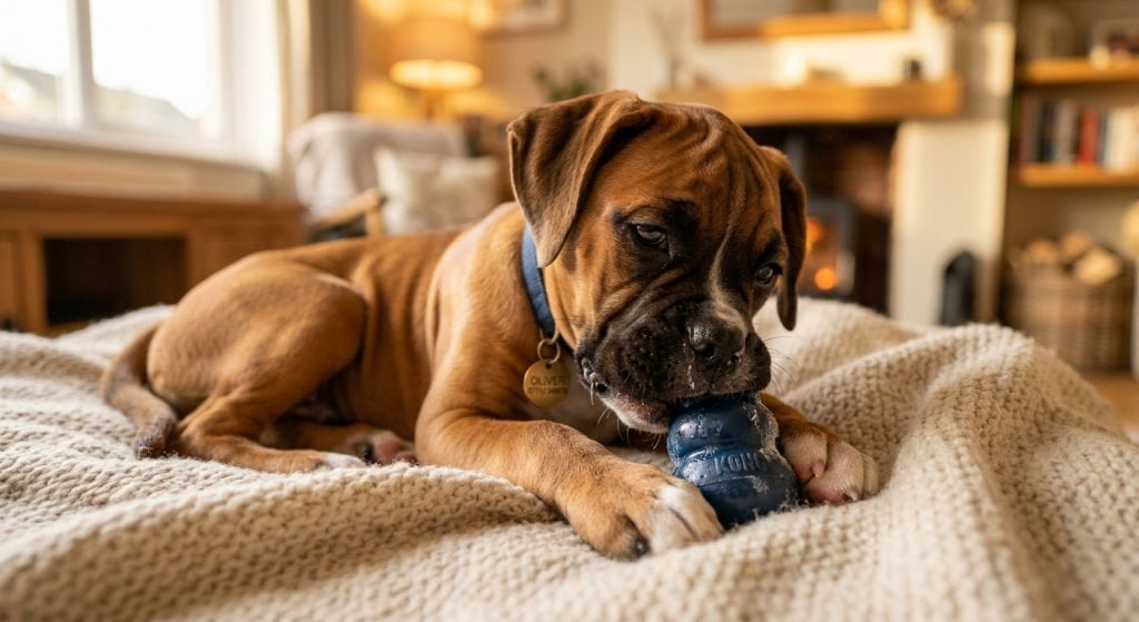 Boxer puppy lying on a cozy blanket chewing a rubber chew toy in a warm living room, soothing sore gums during the puppy teething stage.