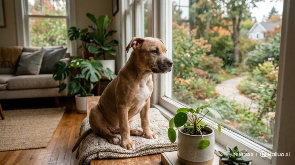 Calm puppy sitting on a cushion by a large window watching the garden outside in a cozy living room.