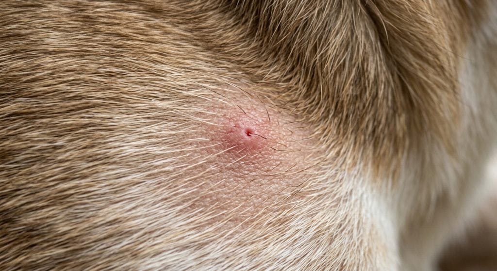 Close-up of a dog’s skin after a tick has been removed, showing a small red bite mark surrounded by natural fur.