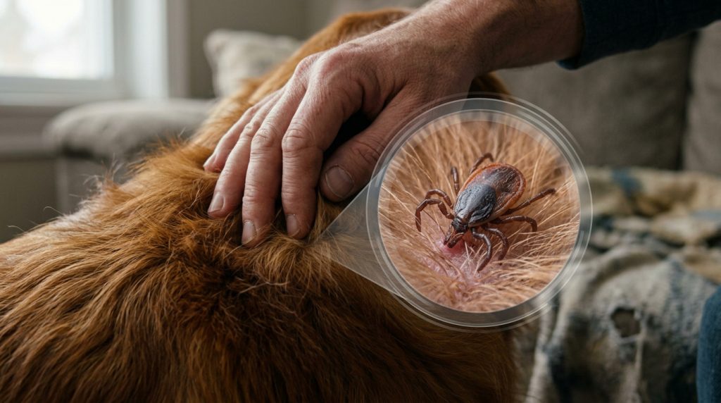 Close-up of a person checking a dog’s fur with a magnified view revealing a tick attached to the skin.