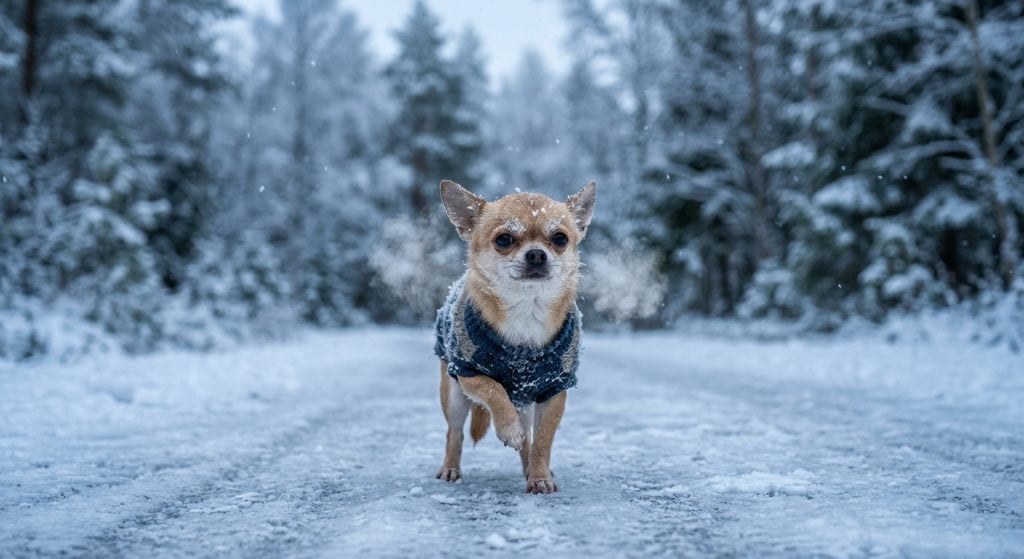 Small Chihuahua standing in cold snowy weather with visible breath, showing how small dogs struggle more in freezing temperatures.