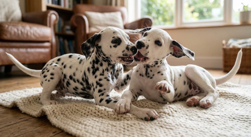 Two Dalmatian puppies playfully mouthing and wrestling on a rug in a living room, demonstrating how puppies learn bite inhibition during play with littermates.