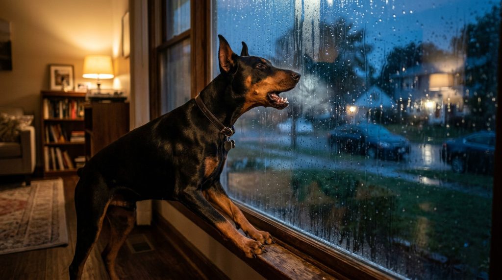 Doberman standing on a window ledge barking through a rain-covered window at night while watching the street outside inside a warmly lit living room.